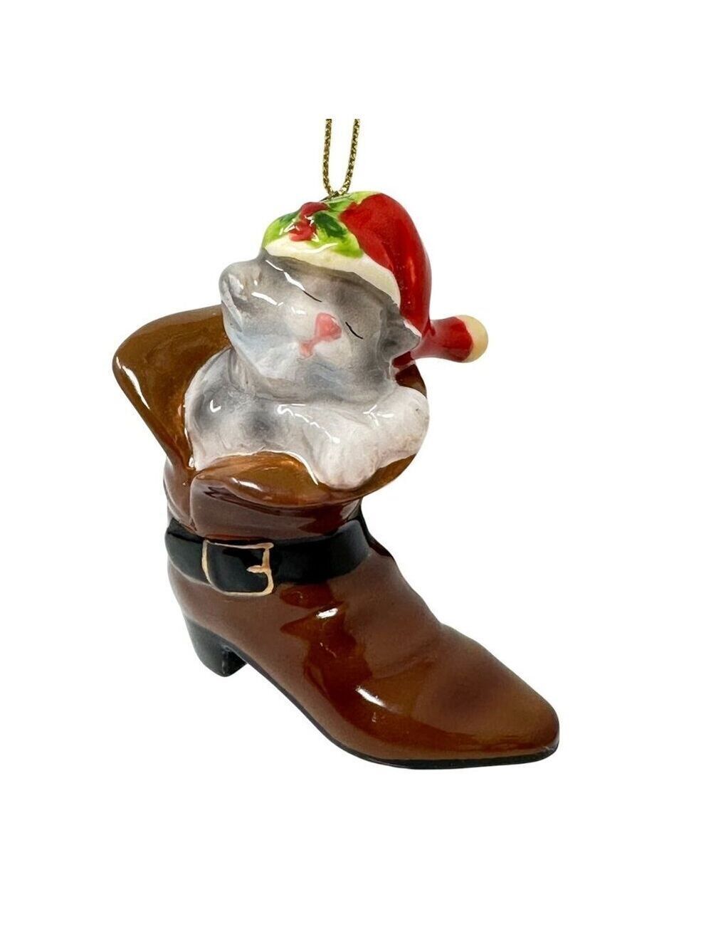 Santa Boot Ceramic Hanging Ornament Christmas Decor 3 inch Brown Kitten Kitty